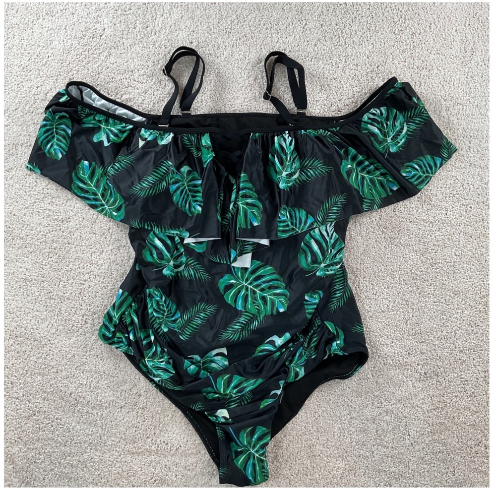 Daci Womens Plus 20W Tropical Monstera Leaf Off Shoulder One Piece Swimsuit NEW